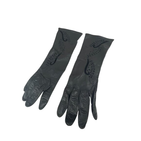 Vintage Women's Black Leather Gloves Intricate Paisley Embroidery Design - Picture 8 of 12
